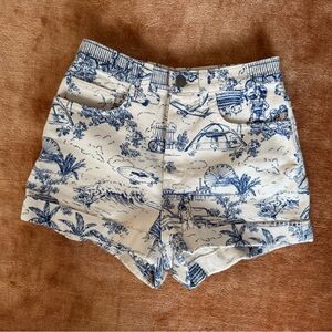American Apparel Denim Vintage Hi Waist Blue Toile Print Cuff Hem Shorts size 25